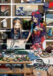  2girls abigail_williams_(fate) abigail_williams_(first_ascension)_(fate) absurdres animal_print bird_print black_bow black_dress black_hair black_hat black_kimono blue_eyes bow camera commentary concentrating crinoids dress fate/grand_order fate_(series) hair_bow hair_ornament hat highres holding holding_camera japanese_clothes katsushika_hokusai_(fate) kimono long_hair medjed_(fate) multiple_girls nihonga nitocris_(fate) nitocris_(swimsuit_assassin)_(fate) nitocris_(swimsuit_assassin)_(first_ascension)_(fate) octopus open_mouth scenery short_hair tokitarou_(fate) ukiyo-e working yellow_bow 