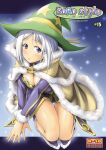  1girl blue_eyes blush breasts brown_cape cape cleavage commentary_request content_rating cover cover_page doujin_cover dress full_body fur-trimmed_cape fur-trimmed_sleeves fur_trim gold_trim green_hat hat large_breasts long_sleeves looking_at_viewer murasaki_kajima open_mouth print_hat purple_dress ragfes ragnarok_online seiza short_dress short_hair sitting solo star_(symbol) star_print witch_hat wizard_(ragnarok_online) 