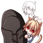  2girls animal_ears arcueid_brunestud biting blonde_hair boots brown_boots cat_ears cat_girl cat_tail chibi ciel_(tsukihime) highres long_sleeves multiple_girls neco-arc neco_spirit nervous_sweating red_eyes short_hair skirt sweat tail tsukihime tsukihime_(remake) zeon132 