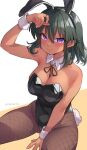  1girl alternate_costume animal_ears arm_up armpit_crease armpits black_leotard black_pantyhose blush breasts dark-skinned_female dark_skin detached_collar fake_animal_ears fake_tail fishnet_pantyhose fishnets green_hair highleg highleg_leotard highres idolmaster idolmaster_cinderella_girls large_breasts leotard looking_at_viewer natalia_(idolmaster) neck_ribbon pantyhose playboy_bunny purple_eyes rabbit_ears rabbit_tail ribbon ribbon_between_breasts sideboob simple_background sitting smile solo strapless strapless_leotard tail trente twitter_username two-tone_background wrist_cuffs 