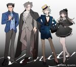  2boys 2girls absurdres ace_attorney ajowhite alternate_costume artist_name ascot bag belt black_background black_belt black_capelet black_coat black_dress black_hair black_shirt black_shoes blue_eyes blue_gloves blue_jacket blue_necktie blue_skirt boater_hat breasts brown_shoes cane capelet check_source cleavage closed_mouth coat coat_on_shoulders curtained_hair dress dress_shoes earrings formal_clothes franziska_von_karma full_body glasses gloves gradient_background grey_eyes grey_hair grey_jacket grey_pants grin hair_bun hair_slicked_back hand_on_cane hand_on_own_hip high_heels highres jacket jewelry lapels leg_up lipstick long_hair long_sleeves looking_at_another looking_at_viewer makeup maya_fey medium_breasts miles_edgeworth mole mole_under_eye multiple_boys multiple_girls necklace necktie notched_lapels open_clothes open_jacket pants pantyhose pearl_necklace pencil_skirt phoenix_wright pumps red_lips shirt shoes short_dress short_hair sidelocks skirt smile source_request standing standing_on_one_leg suit_jacket torn_clothes torn_pantyhose watch watermark weibo_watermark white_ascot white_background wristwatch 