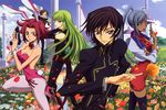  3girls absurdres animal_ears ashford_academy_uniform blue_eyes boots bunny_ears bunny_girl bunnysuit c.c. code_geass dark_skin green_hair gun handgun high_heels highres ishida_kana kallen_stadtfeld lelouch_lamperouge leotard long_hair multiple_boys multiple_girls official_art pantyhose pink_legwear pink_leotard pistol red_hair rolo_lamperouge shoes short_hair silver_hair villetta_nu weapon yellow_eyes 