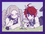  2boys absurdres ahoge ant aotsuki_eito black_gloves black_shoes black_streaks black_vest blue_eyes border bow bowtie bug chinese_commentary collared_shirt feathered_wings feathers glasses gloves grey_bow grey_bowtie grey_eyes grey_feathers grey_hair grey_necktie head_rest highres holding holding_magnifying_glass looking_at_animal lying magnifying_glass male_focus mizongwenwu multicolored_hair multiple_boys necktie on_ground on_stomach purple_border red_hair shirt shoes short_hair streaked_hair sumino_takumi the_hundred_line_-last_defense_academy- vest white_shirt wings 