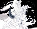  armor body_markings boots coat commentary facial_mark facing_away facing_to_the_side feathered_wings final_fantasy final_fantasy_vii final_fantasy_vii_ever_crisis final_fantasy_vii_remake greyscale hair_intakes hand_up hayashishisou head_on_hand highres horns long_bangs monochrome multiple_wings orbital_path pants parted_bangs pauldrons planet planetary_ring sephiroth sephiroth_(ever_crisis) sephiroth_reborn shoulder_armor star_(sky) symbol-only_commentary time_paradox wings 