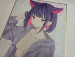  1girl absurdres adjusting_hair alternate_costume animal_ears blue_archive blunt_bangs blush bob_cut breasts cat_ears collarbone colored_inner_hair commentary_request drawstring embarrassed halo highres hood hood_down hooded_jacket jacket kazusa_(blue_archive) kurumi_kororin long_sleeves looking_at_viewer multicolored_hair open_clothes open_jacket photo_(medium) pink_hair pink_halo pout purple_hair purple_jacket red_eyes shikishi sidelocks small_breasts solo traditional_media upper_body 
