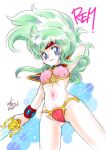  1girl arm_behind_head arm_up armor armpits ass_visible_through_thighs ayanokouji_rem bikini bikini_armor blue_eyes bracer breasts cameltoe character_name dream_hunter_rem gem green_hair groin kisaragi_miyuki legs_apart long_hair navel pauldrons pink_bikini red_bikini shoulder_armor smile solo stomach swimsuit sword thighs tiara weapon 
