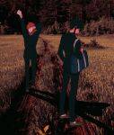  2boys bag black_eyes black_hair brown_hair commentary_request from_behind gakuran gloves highres looking_at_viewer looking_back male_focus multiple_boys outdoors photo_background randal&#039;s_friends randal_ivory school_bag school_uniform shadow short_hair sunset tsukada_satoru uri_ka55 walking 