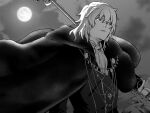  1boy ascot cloud cloudy_sky coat expressionless formal_clothes full_moon fur_coat gloves hair_between_eyes holding holding_weapon long_hair looking_ahead male_focus metarogu moon night night_sky sky tsukihime tsukihime_(remake) upper_body vampire vlov_arkhangel weapon white_hair 
