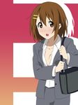  bag blush breasts brown_eyes brown_hair business_suit cleavage face formal hair_ornament hairclip hirasawa_yui ikari_manatsu k-on! medium_breasts no_bra older open_mouth round_teeth short_hair solo suit sweat teeth 