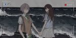  2girls bang_dream! bang_dream!_it&#039;s_mygo!!!!! battery_indicator blue_shirt brown_hair brown_sweater_vest commentary diagonal-striped_clothes diagonal-striped_necktie green_necktie green_skirt grey_hair hair_between_eyes hanasakigawa_school_uniform highres holding_hands linh_3l long_hair mole mole_under_eye multiple_girls necktie ocean pleated_skirt purple_eyes recording school_uniform shiina_taki shirt short_hair short_sleeves skirt striped_clothes sweater_vest symbol-only_commentary takamatsu_tomori teruterubouzu viewfinder white_shirt white_skirt yuri 