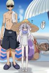  1girl 2boys bag bask_om blue_eyes blue_sky blush commentary_request crocs day deux_murasame expressionless frown gates_capa goggles gundam gundam_gquuuuuux hat head_on_pillow head_steam holding holding_bag holding_swim_ring hot kinkuri_(axsc8mjrt) long_hair looking_at_viewer lying male_swimwear multiple_boys muscular muscular_male no_socks on_back one-piece_swimsuit outdoors pale_skin pillow sandals sky standing straw_hat sun_hat sunglasses sweat swim_cap swim_ring swim_trunks swimsuit topless_male towel towel_on_one_shoulder translation_request umbrella white_hair white_one-piece_swimsuit 