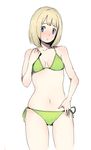  bangs bikini blonde_hair blue_eyes blunt_bangs breasts character_request cleavage copyright_request navel pepo_(pepopepo) short_hair side-tie_bikini simple_background small_breasts solo swimsuit 