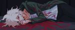  1boy black_background bleeding blood blood_from_mouth blood_on_clothes blood_on_ground coat danganronpa_(series) danganronpa_2:_goodbye_despair green_coat highres komaeda_nagito looking_at_viewer lying male_focus on_back parted_lips pink_hair short_hair simple_background solo uneven_eyes uri_ka55 