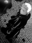  1boy blood blood_splatter blood_stain coat expressionless from_above long_coat looking_to_the_side male_focus melty_blood metarogu nrvnqsr_chaos paw_print short_hair tall_male tsukihime vampire very_long_coat 