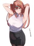  1girl absurdres ananda_hikari aqua_eyes armpit_focus armpits arms_behind_head artist_name azur_lane black_pantyhose black_skirt blue_eyes breasts brown_hair closed_mouth collared_shirt crossed_bangs highres impero_(azur_lane) impero_(drunken_drowsy_dreamer)_(azur_lane) large_breasts long_hair looking_at_viewer office_lady official_alternate_costume pantyhose pencil_skirt presenting_armpit shirt simple_background skirt sleeveless sleeveless_shirt solo sweaty_armpits white_background white_shirt 