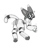 2025 ambiguous_gender anthro bellabot black_body black_eyes blue_claws claws dipstick_ears dipstick_tail domestic_cat ear_markings eyebrows felid feline felis grey_body happy hi_res kerfus looking_back machine mammal markings multicolored_body multicolored_ears open_mouth pawpads paws robot screen screen_face simple_background solo tail tail_markings whiskers white_background white_body white_eyebrows white_nose white_whiskers yong_yong_yeee