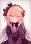  1boy black_dress blonde_hair bow braid closed_mouth crossdressing crown dress expressionless eyelashes juliet_sleeves lolita_fashion long_hair long_sleeves looking_at_viewer male_focus mi_oxo_9m nijisanji puffy_sleeves red_bow simple_background sleeve_bow solo trap uzuki_kou virtual_youtuber white_background yellow_eyes 