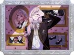  1boy :d adachi_imaru androgynous apron ascot black_dress black_jacket black_shoes border boys_be_maid! brooch crossdressing dress dress_shirt emblem frilled_shirt_collar frills hair_between_eyes hair_bun hair_over_shoulder hat interlocked_fingers jacket jewelry kisaki_yoka long_hair long_sleeves looking_at_viewer low_ponytail maid male_focus male_maid mary_janes mob_cap mole mole_under_eye neck_ribbon official_art open_clothes open_jacket ornate_border own_hands_together photo_(object) picture_frame pink_eyes pink_hair ponytail portrait_(object) ribbon school_uniform scowl second-party_source shading_eyes shirt shoes single_hair_bun smile solo spotlight upper_body wallpaper_(object) white_apron white_ascot white_shirt yellow_ribbon 
