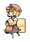  aki_minoriko bad_id bad_pixiv_id barefoot blonde_hair character_name chibi food fruit full_body grapes hat hounori short_hair simple_background solo touhou yellow_eyes 