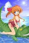  barefoot blue_eyes breasts cleavage crocodile crocodilian highres inflatable_toy long_hair medium_breasts ocean ochimusha one-piece_swimsuit orange_hair original partially_submerged riding solo sun swimsuit twintails water 