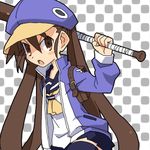  1girl baseball_bat blue_hat brown_eyes brown_hair disgaea hat jacket kazamatsuri_fuuka long_hair lowres makai_senki_disgaea_4 open_clothes open_jacket prinny school_uniform serafuku skirt solo thighhighs twintails 