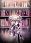  book bookshelf crescent hat library long_hair patchouli_knowledge purple_eyes purple_hair sakayaki_(burning_soul) solo touhou voile 