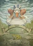  1other absurdres animal arms_up bow bridge chef_hat cloud cloudy_sky dress final_fantasy final_fantasy_ix frilled_dress frilled_hat frills frog gloves grass hat highres jumping outdoors partially_submerged patterned_clothing quina_quen rock shinichi_kobe sky solo standing striped_clothes striped_headwear tongue tongue_out wooden_bridge 