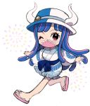  1girl aerial_fireworks alternate_costume bare_legs blue_hair commentary_request fireworks full_body hat highres horns ikuchi_osutega japanese_clothes kimono long_hair long_sleeves looking_at_viewer mask mouth_mask one_eye_closed one_piece pink_eyes sandals sidelocks solo ulti_(one_piece) white_background 