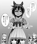  4girls absurdres animal_ears beckoning bow chibi closed_eyes closed_mouth commentary_request dream_journey_(umamusume) ear_bow ear_covers ear_ornament facing_viewer fgpa7484 gloom_(expression) gold_ship_(umamusume) greyscale hair_between_eyes hand_on_own_chin height_difference highres horse_ears horse_girl horse_tail legs_apart long_hair looking_at_viewer monochrome multiple_girls o_o orfevre_(umamusume) pillbox_hat reaching reaching_towards_viewer school_uniform shirt shirt_tucked_in short_sleeves single_ear_cover skindentation skirt smile standing stay_gold_(umamusume) tail thighhighs tracen_school_uniform translation_request umamusume v-shaped_eyebrows zettai_ryouiki 