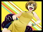  :d apron brown_eyes brown_hair glasses hands_on_hips open_mouth persona persona_4 satonaka_chie shimizu_kokeshi short_hair smile solo yellow-framed_eyewear 