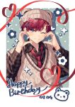  1boy ;) amagi_hiiro beanie blue_eyes blush border brown_hat brown_shirt brown_sweater_vest closed_mouth collared_shirt commentary_request dated drop_shadow ensemble_stars! green_background hair_ornament hands_up happy_birthday hat highres long_sleeves looking_at_viewer lq_saku male_focus necktie one_eye_closed plaid_clothes plaid_shirt polka_dot polka_dot_background red_hair red_necktie shirt short_hair smile spade_hair_ornament sweater_vest upper_body white_border 