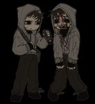  2boys absurdres bag black_background black_gloves black_hair black_shirt blood blood_from_forehead blood_on_arm blood_on_clothes bloodshot_eyes cry_of_fear dual_persona fingerless_gloves flashlight gloves grey_hoodie highres holding holding_flashlight holding_strap hood hood_up hoodie ju-san knees_together_feet_apart light_frown looking_at_another looking_at_viewer male_focus multiple_boys open_mouth outline sharp_teeth shirt shoulder_bag simon_henriksson simon_henriksson_(book) sweatdrop teeth white_outline 