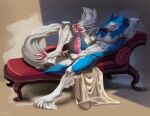 abs absurd_res anthro athletic athletic_anthro athletic_male balls food fruit fur furniture genitals grape grape_juice hi_res holding_object humanoid_genitalia humanoid_penis juice_(beverage) looking_at_viewer lying male mihael69 muscular muscular_anthro muscular_male on_back pawpads paws penis plant sergal sofa solo wet wet_penis