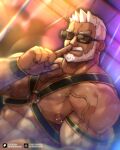  1boy abs armband bara beard boss_ren_(xxl) chest_harness closed_mouth dark-skinned_male dark_skin english_commentary facial_hair fanbox_username finger_to_mouth harness highres looking_at_viewer male_focus muscular muscular_male nightclub nipple_piercing nipples old old_man onionworkshop paid_reward_available patreon_username pectorals piercing smile sunglasses sweat white_hair wristband xxl_woofia 