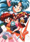  90s arms_up blue_eyes bow character_request green_hair highres houma_hunter_lime lime_(houma_hunter_lime) long_hair multiple_girls nakajima_atsuko official_art open_mouth red_hair skirt 