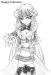  1girl blush breasts cleavage closed_mouth coat commentary_request cowboy_shot embarrassed english_text fingerless_gloves fur-trimmed_coat fur_trim gift gloves greyscale groin highres holding holding_gift horns kamui_setsuna lace-trimmed_legwear lace_trim large_breasts lineart long_hair looking_to_the_side miniskirt monochrome navel open_clothes open_coat ragnarok_online shadow_chaser_(ragnarok_online) simple_background skirt solo thighhighs valentine very_long_hair 