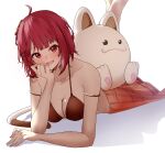  1girl absurdres ahoge armlet atelier_(series) atelier_sophie bare_shoulders bikini blush breasts brown_bikini bureoeve cleavage collarbone feet_up fuurai_no_shiren highres jewelry large_breasts looking_at_viewer lower_teeth_only lying medium_hair on_stomach open_mouth orange_skirt red_eyes red_hair simple_background skirt smile sophie_neuenmuller swimsuit teeth the_pose white_background 