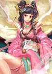  black_hair breasts bunny chang'e chinese_clothes cleavage goddess hanfu large_breasts long_hair moon_rabbit mooncake original red_eyes solo suoni_(deeperocean) 