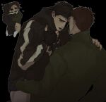  2boys afraid_of_monsters black_eyes black_hair black_hoodie bloodshot_eyes brown_hair chibi chibi_inset clothes_grab cosplay costume_switch cry_of_fear crying crying_with_eyes_open david_leatherhoff drooling hand_on_another&#039;s_leg hand_on_another&#039;s_shoulder hand_on_own_chest heart highres holding_another&#039;s_waist hood hood_down hoodie implied_kiss ju-san looking_at_another messy_hair multiple_boys no_pants open_mouth print_hoodie saliva scar scar_on_face short_hair simon_henriksson sitting sitting_on_lap sitting_on_person socks tears turtleneck white_socks 