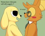 2025 anthro bat black_eyes black_nose blush canid canine canis chikn_nuggit chikn_nuggit_(chikn_nuggit) colossalstars dialogue digital_media_(artwork) domestic_dog duo eastern_red_bat english_text eye_contact eyewear fur glasses green_background green_eyewear green_glasses green_necktie hair hi_res interspecies looking_at_another love male male/male mammal necktie onyn_ring_(chikn_nuggit) orange_body orange_ears orange_fur orange_hair orange_sclera question_mark romantic romantic_couple shirt_collar side_view simple_background standing text yellow_body yellow_ears yellow_fur