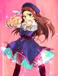  &gt;:) belt beret blue_eyes brown_hair dress feet_out_of_frame foreshortening hat highres idolmaster idolmaster_(classic) idolmaster_2 interlocked_fingers jewelry kitano_yuusuke long_hair looking_at_viewer minase_iori necklace outstretched_arms palace_of_dragon_(idolmaster) smile solo sparkle stretch thighhighs v-shaped_eyebrows wrist_cuffs 