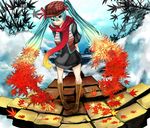  aki_miku aqua_eyes aqua_hair arms_behind_back autumn boots eiji_(eiji) gradient_hair hat hatsune_miku knee_boots leaf long_hair multicolored_hair pigeon-toed scarf smile solo twintails vocaloid 