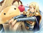  1girl :3 armor blonde_hair blue_cape blue_shirt blush breastplate brown_eyes brown_skirt cape cherry chocolate_syrup closed_mouth commentary_request crusader_(ragnarok_online) drops_(ragnarok_online) feet_out_of_frame food fruit hairband heart highres ice_cream looking_at_viewer murasaki_kajima oversized_food oversized_object pauldrons purple_hairband ragnarok_online shirt shoulder_armor sitting skirt slime_(creature) smile solo spoon utensil_in_mouth wafer 
