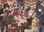  3girls 6+boys against_railing animal_ears antlers arknights banner bassline_(arknights) belt black_belt black_capelet black_dress black_eyes black_gloves black_hair black_halo blue_eyes broken_halo brown_cardigan brown_pants candlestand capelet cardigan cellphone champagne_flute closed_eyes coat collared_shirt commentary_request cup czerny_(arknights) deer_antlers deer_boy deer_ears deer_girl dress drinking_glass ebenholz_(arknights) executor_(arknights) executor_the_ex_foedere_(arknights) feet fingerless_gloves food from_behind gloves goat_boy goat_ears goat_horns grand_piano grey_hair hair_over_one_eye halo hand_on_own_head hibiscus_(arknights) hibiscus_the_purifier_(arknights) highres holding holding_candlestand holding_tray horns indoors instrument kreide_(arknights) long_sleeves looking_at_another multiple_boys multiple_girls music music_stand noshima open_mouth pants peeking phone piano plate playing_instrument playing_piano purple_eyes purple_hair railing red_eyes red_scarf scarf sheet_music shirt sitting smile stairs surprised tray veil violin virtuosa_(arknights) virtuosa_(diversity_oneness)_(arknights) viviana_(arknights) wavy_hair white_coat white_shirt white_veil wolf_ears yellow_eyes 