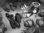 1girl 6+boys a_tea arknights arm_behind_back arms_behind_back bdsm black_pantyhose bondage boots bound breasts camera clenched_teeth clothes_lift exusiai_(arknights) gun hair_over_one_eye halo highres kriss_vector looking_at_another lying medium_hair monochrome multiple_boys on_side pantyhose restrained ryona shibari shibari_over_clothes skirt skirt_lift small_breasts submachine_gun teeth torn_clothes torn_pantyhose weapon 