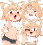  1girl absurdres animal_ear_fluff animal_ears blonde_hair blush breasts cat_ears cat_girl cat_tail chibi dolphin_shorts fang full-face_blush highres midriff navel neco-arc plankzu red_eyes shorts simple_background small_breasts tail tsukihime underboob white_background 