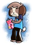 2018 3_toes 4_fingers alpha_channel animal_crossing anthro barefoot black_bottomwear black_clothing black_nose black_pants blue_background blue_clothing blue_shirt blue_t-shirt blue_topwear bottomwear brown_body brown_ears brown_eyebrows brown_fur brown_hair brown_tail canid canine canis cherry_(animal_crossing) closed_frown clothed clothed_anthro clothed_male clothing colored cookieboy011 digby_(animal_crossing) digital_drawing_(artwork) digital_media_(artwork) dipstick_tail domestic_dog dot_eyes english_description english_text eyebrows feet fingers floppy_ears fluffy fluffy_ears fluffy_tail freckled_face freckles frown full-length_portrait fully_clothed fully_clothed_anthro fully_clothed_male fur hair holding_magazine light lighting lop_ears male male_anthro mammal markings mouth_closed multicolored_body multicolored_fur nintendo pants pink_freckles portrait shaded shih_tzu shirt short_hair simple_background simple_eyes solo standing t-shirt tail tail_markings tan_body tan_fur text toes topwear toy_dog two_tone_body two_tone_fur two_tone_tail white_tail_tip worried_look