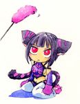 :&lt; animal_ears bad_id bad_pixiv_id bare_shoulders black_hair breasts cat_ears cat_paws cat_tail cat_teaser chibi detached_sleeves drill_hair gloves halter_top halterneck han_juri kemonomimi_mode looking_up medium_breasts midriff navel paws red_eyes sideboob simple_background solo street_fighter street_fighter_iv_(series) tail tk_(hibatidori) twin_drills whiskers white_background 
