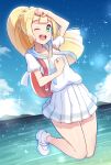  1girl arm_up backpack bag blonde_hair blue_sky cloud commentary_request day eyelashes full_body green_eyes highres lillie_(pokemon) long_hair midair official_alternate_costume official_alternate_hairstyle one_eye_closed open_mouth outdoors pink_bag pokemon pokemon_sm ponytail shirt shoes short_sleeves skirt sky smile solo sparkle teeth upper_teeth_only water white_shirt white_shoes white_skirt yasu_suupatenin 