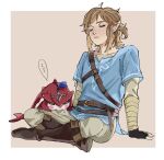  2boys aged_down arm_support belt belt_buckle black_gloves blonde_hair blue_tunic blush_stickers boots border brown_belt brown_boots buckle chest_belt closed_eyes colored_skin commentary_request earrings fingerless_gloves fins fish_boy gloves head_fins headpiece highres jewelry layered_sleeves link long_pointy_ears long_sleeves male_focus multiple_belts multiple_boys pants parted_bangs parted_lips piercing pointy_ears ponytail red_skin short_over_long_sleeves short_ponytail short_sleeves sidon sitting sleeping speech_bubble spoken_zzz teto_ten the_legend_of_zelda the_legend_of_zelda:_breath_of_the_wild tunic white_border white_pants zora zzz 